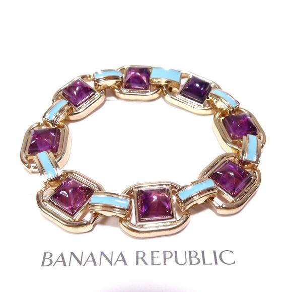 NWT 68 Banana Republic Gold Purple Stone Blue Enamel Link Clasp Bracelet - Picture 1 of 7
